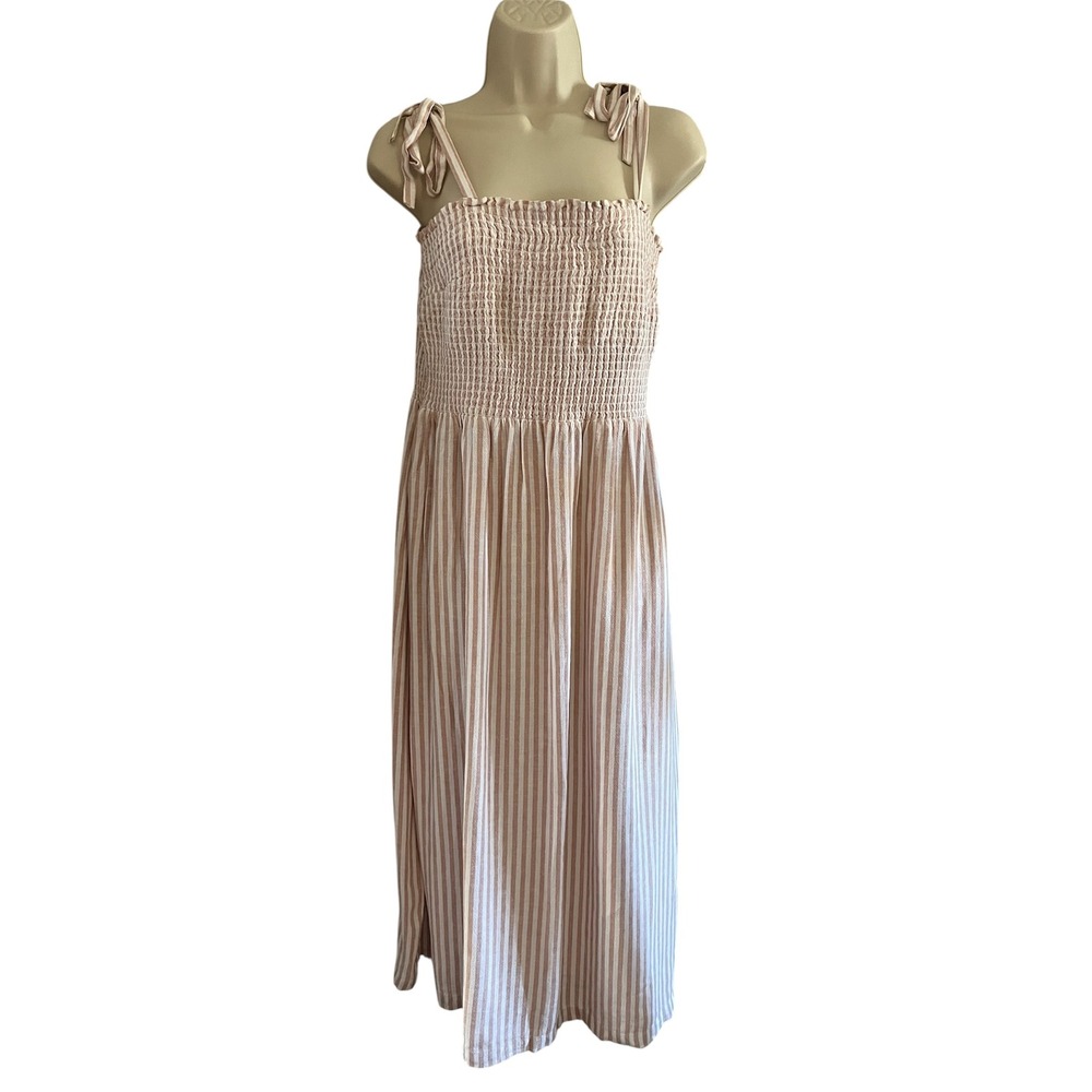 Gap Pink White Striped Smocked Midi Dress Tie Shoulder Straps Womens Medium